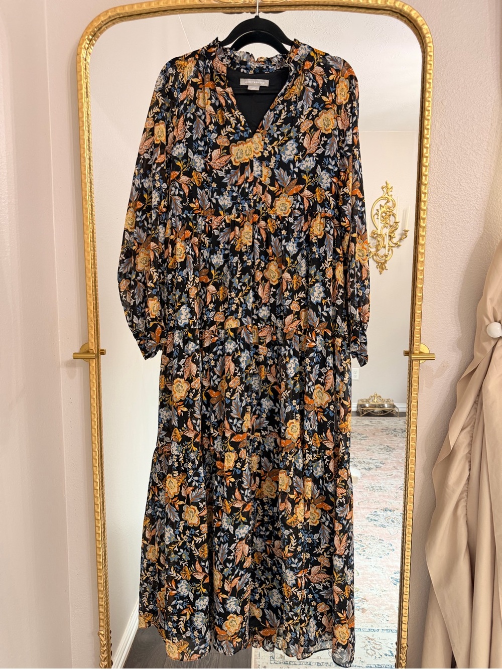 Lucky Brand Black Maxi Dress with Mustard & Light Blue Floral